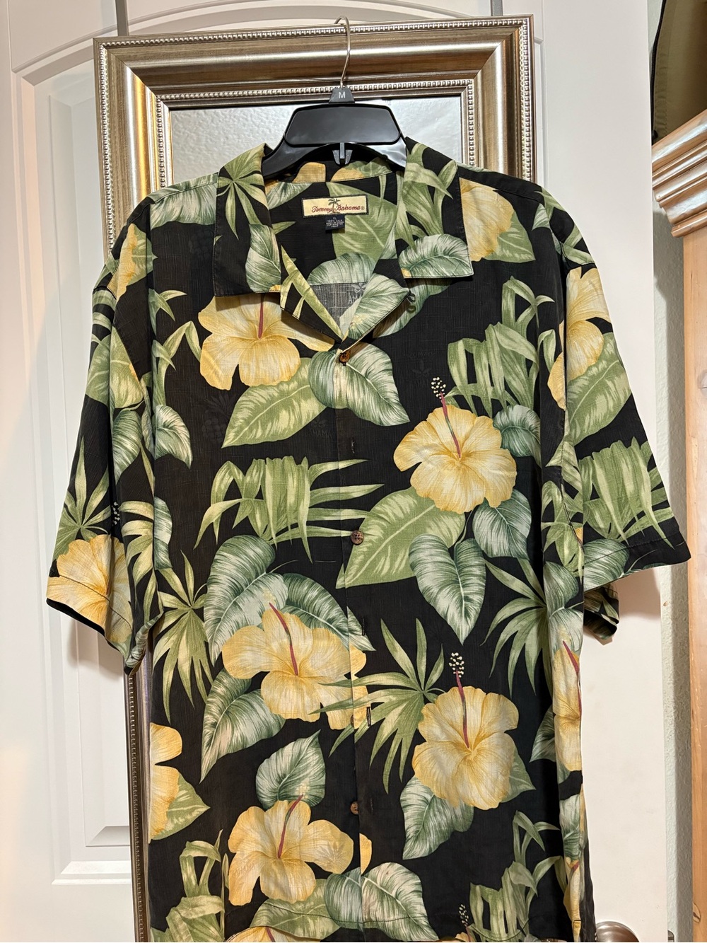 Tommy Bahama Black Hawaiian Shirt with Yellow Hibiscus